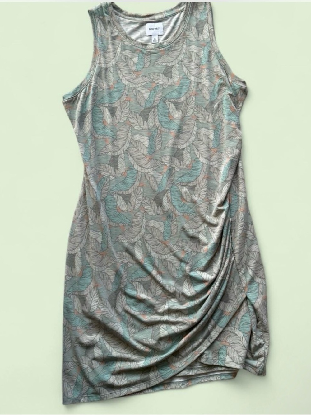 Nine West Mint and Taupe Leaf-Print Sleeveless Mini Dress